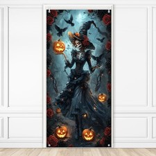 Halloween Door Cover Skeleton Witch Pumpkins Halloween Decorations Door Banner G