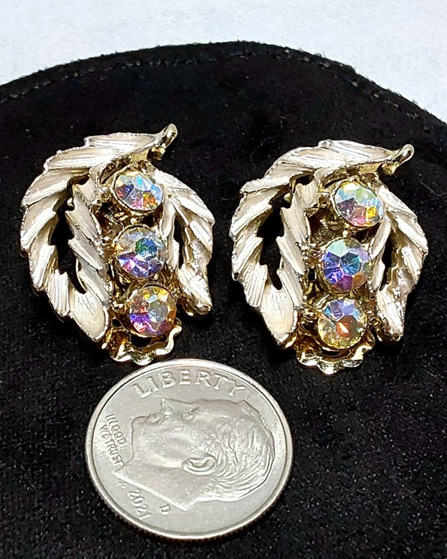 1950's Lisner Style Costume "Clip On" AB Rhinestone Cluster Gold-Tone Earrings