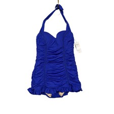 Jantzen Swimsuit Womens 6 Blue Halter One Piece Ruched Ruffle Hem Tummy Control