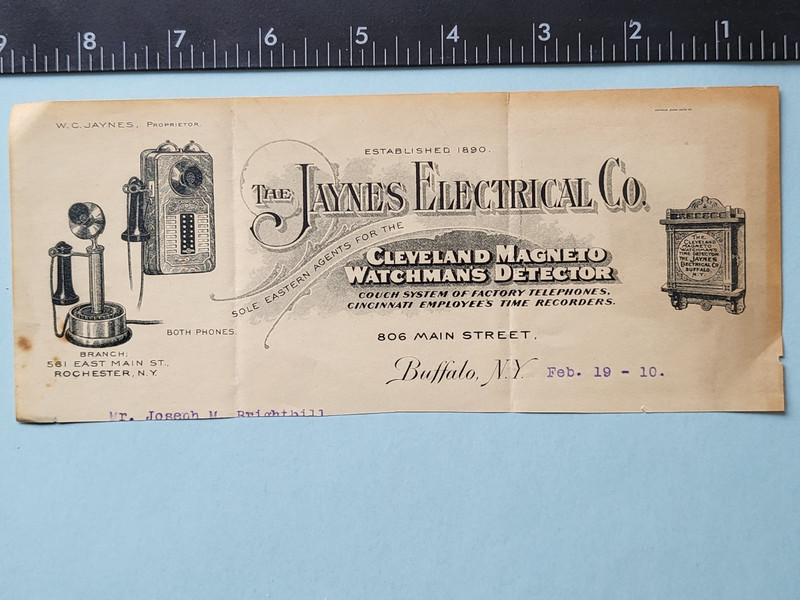 original 19thC Cleveland Magneto Watchman's Detector partial billhead telephones