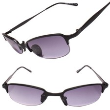 Mens Retro Vintage Narrow Rectangular Semi Rimless Metal Black Sunglasses