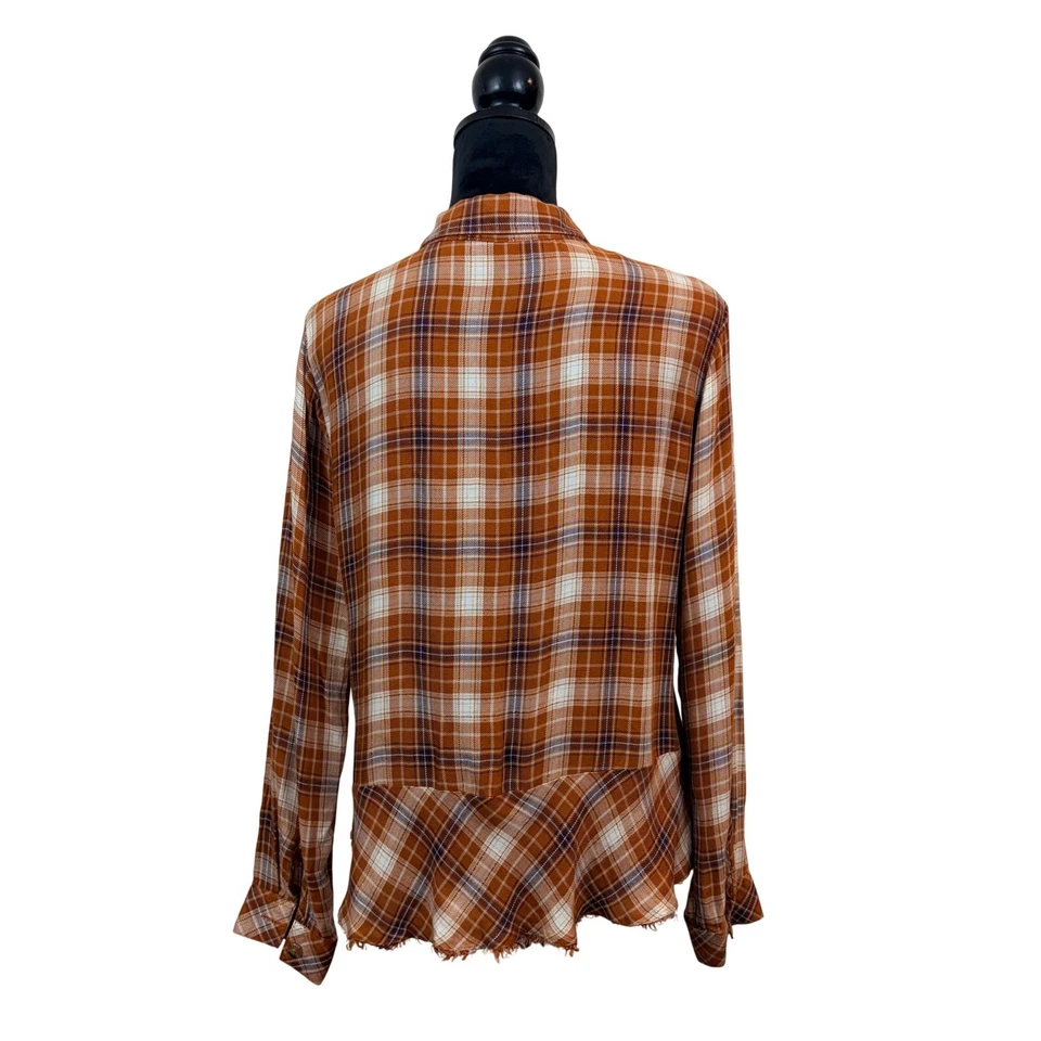 Democracy Womens M Plaid Button Down Shirt Metallic Frayed Peplum Distressed - Image 2 of 4