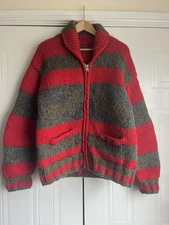 Vintage Cowichan Hand Knitted Wool Chunky Reindeer Red Cardigan Jacket S - M