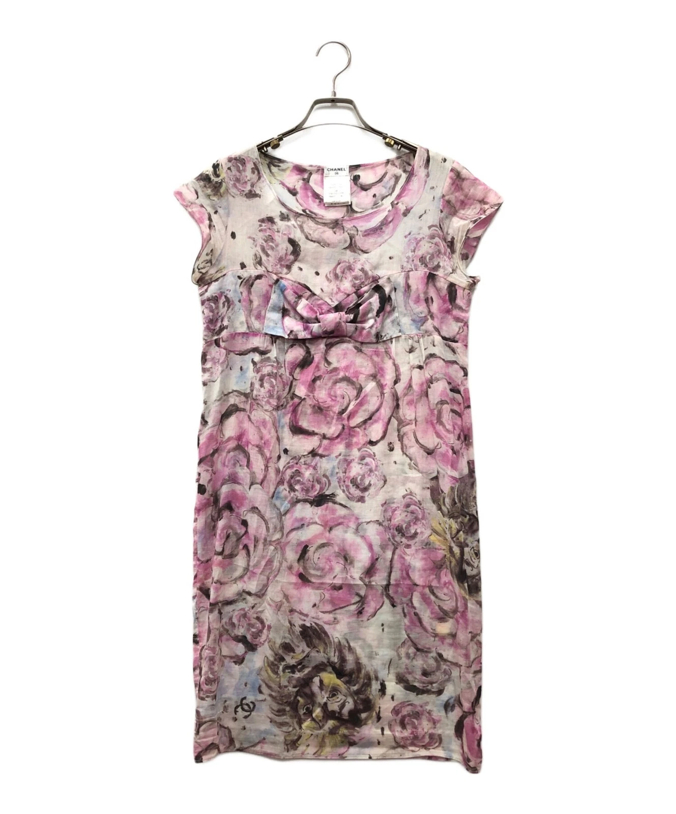 Chanel — CHANEL Pink Camellia Print Dress Cotton Short Sleeve Size 36 S France SR1980