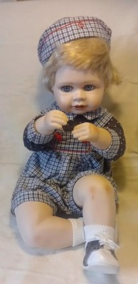 Vintage 1991 Hamilton Collection Toddler Doll Andrew Blue Eyes Check Star Suit