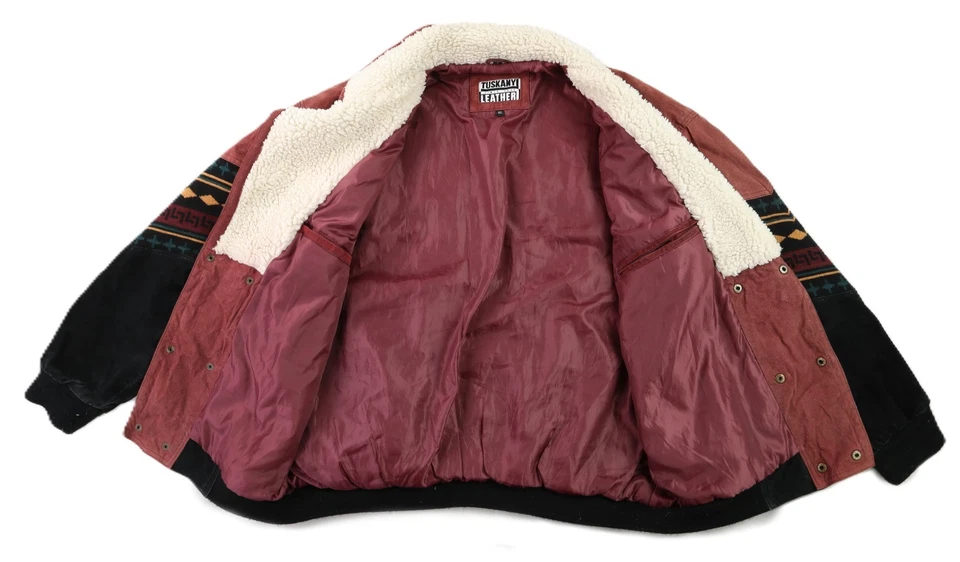 VTG Tuskany Leather Men’s 46 XL Red Bomber Suede Leather Aztec Western Jacket - Image 3 of 4