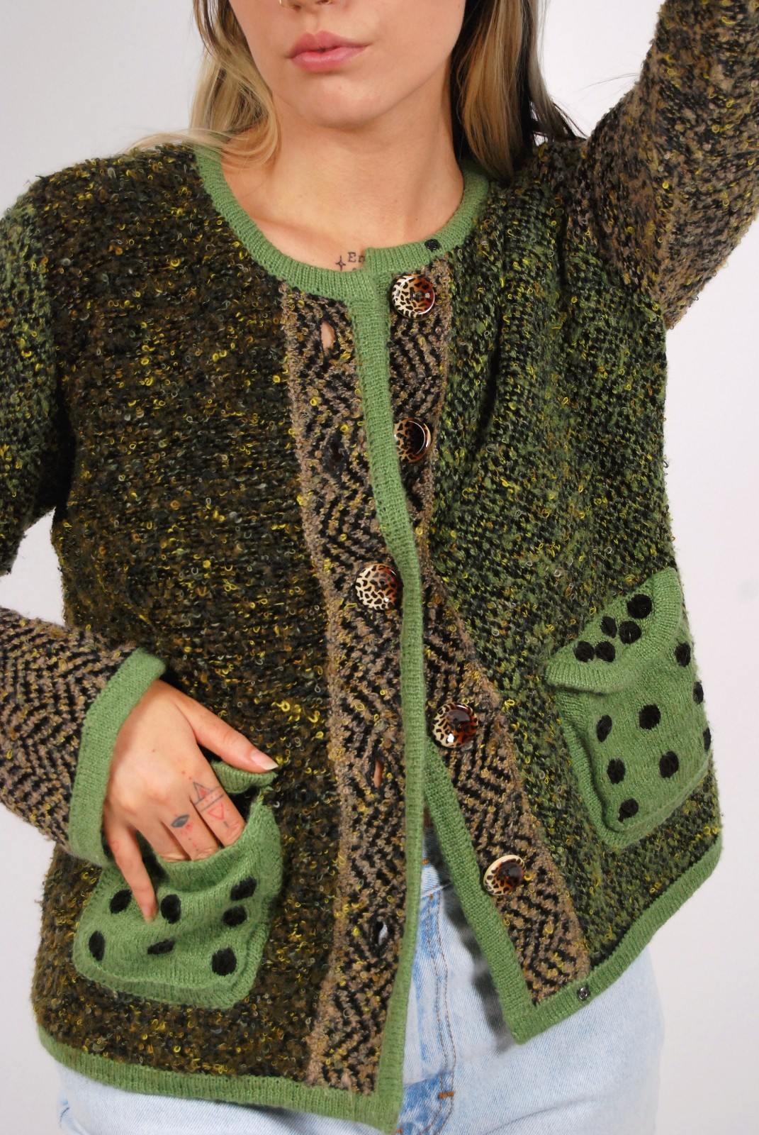 90s Multi Pattern Cardigan (M) patchwork green me… - image 5