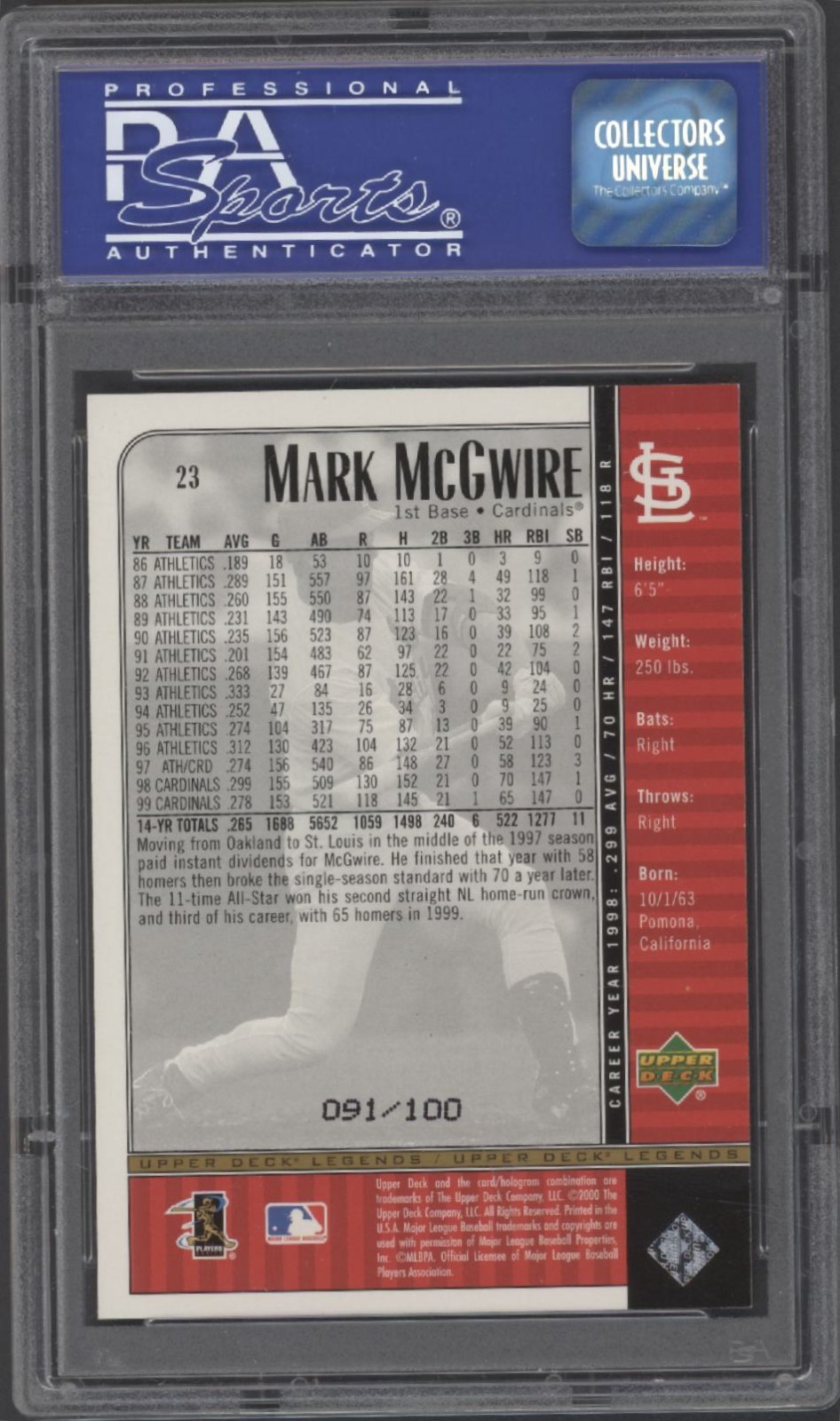 2000 UD Legends Comm. Coll. Mark McGwire #23 PSA 8 SP #091/100 view 2