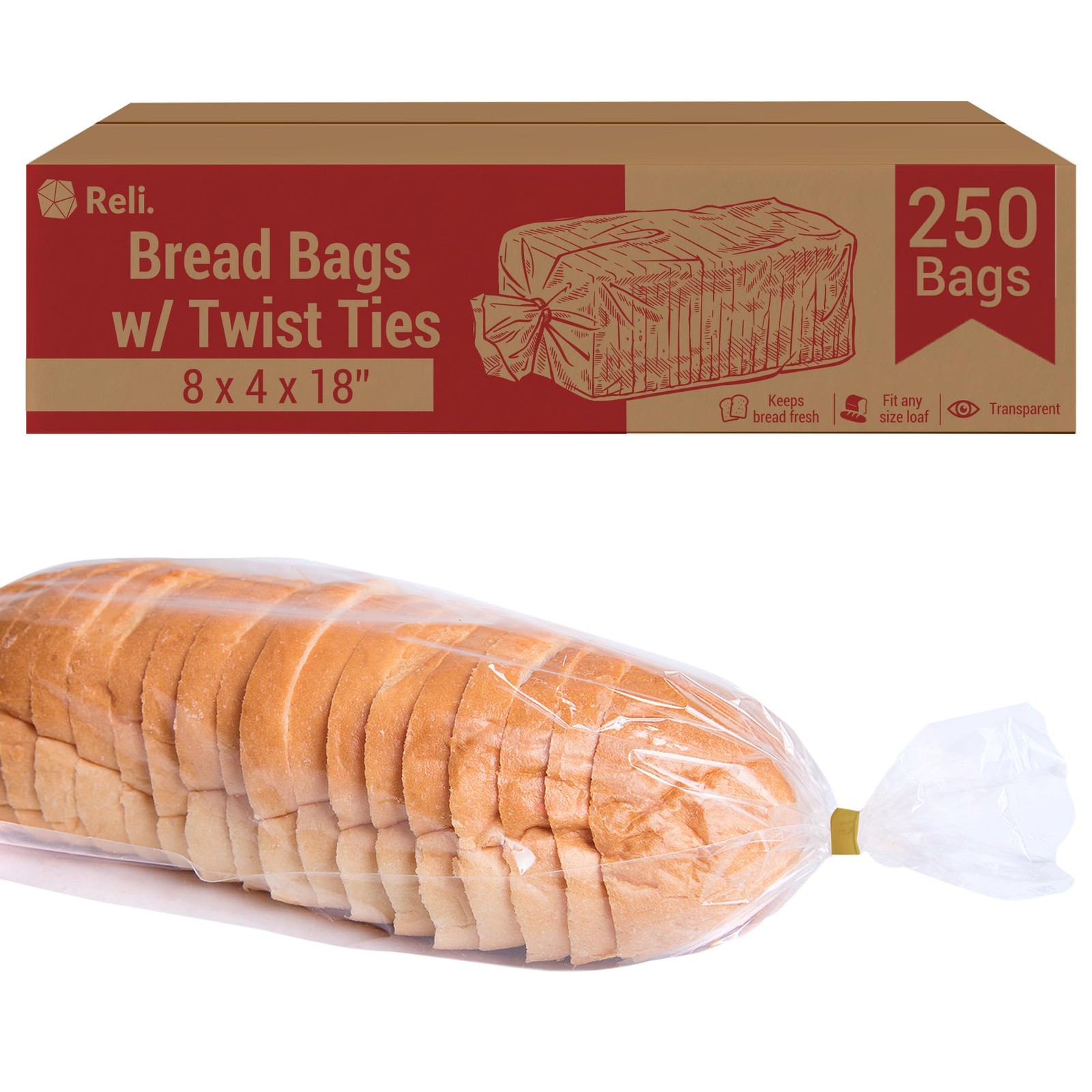 Reli. Bread Bags with Ties | 8 x 4 x 18" | Plastic Large, Clear