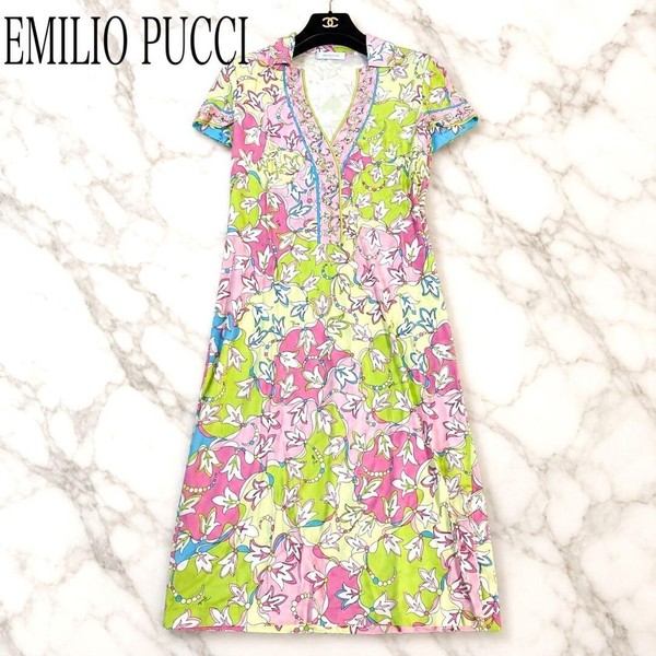 Emilio Pucci Floral Wrap Dress Womens Knee Length Short Sleeve Stretch Size L