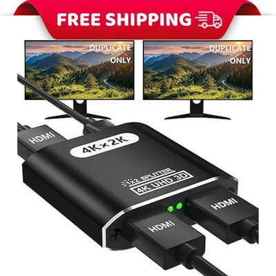 HDMI Splitter 1 In 2 Out - Aluminum 4K Signal V1.4 Powered HDCP Bypass Supports