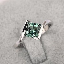 Green Sapphire Ring 925 Sterling Silver Princess Cut Square Shape Ring for Women