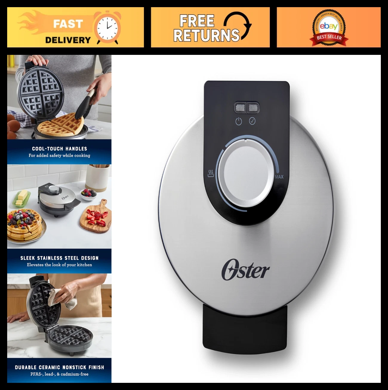 Nonstick Belgian Waffle Maker - Ceramic Waffle Iron for Perfect Breakfast Treats