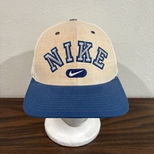 Vintage 90s Nike Arch Spell Out Snapback Hat Cap Blue Cream Center Swoosh Wool