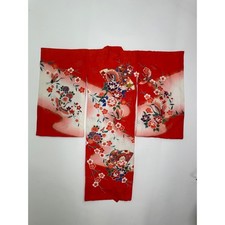 Vintage 60s Japanese Kimono Robe Red Floral Crane Print Traditional Yukata Haori