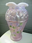 FENTON - A. FARLEY (HP) PINK OPAL GLOSSY/FROSTED VASE WITH RAISED LEAVES - BOX