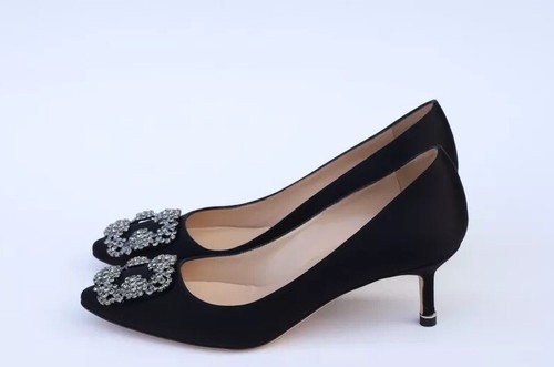 Manolo Blahnik Hangisi Crystal Jewel Kitten Heels Size 37-US 7 in Black Satin - Picture 9 of 18