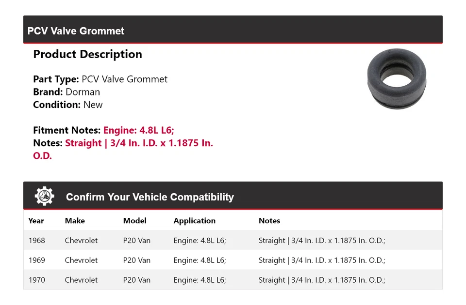 Para Chevrolet P20 1968-1970 furgoneta 4,8 L L6 Dorman PCV ojal de válvula 1969 Foto 2 de 4