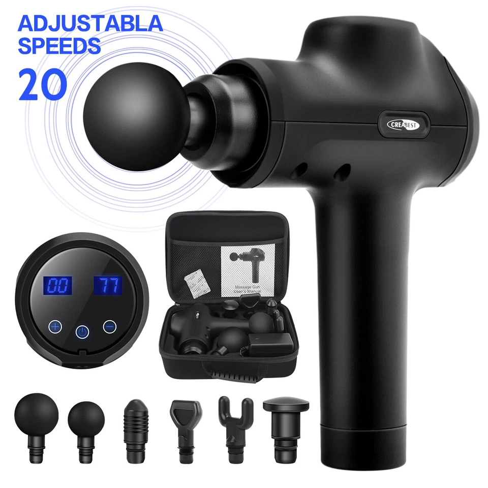 CREABEST Pistola Massaggiante Elettrica 6 Testine 20 Modalità Massaggiatore Muscolare Massaggiatore