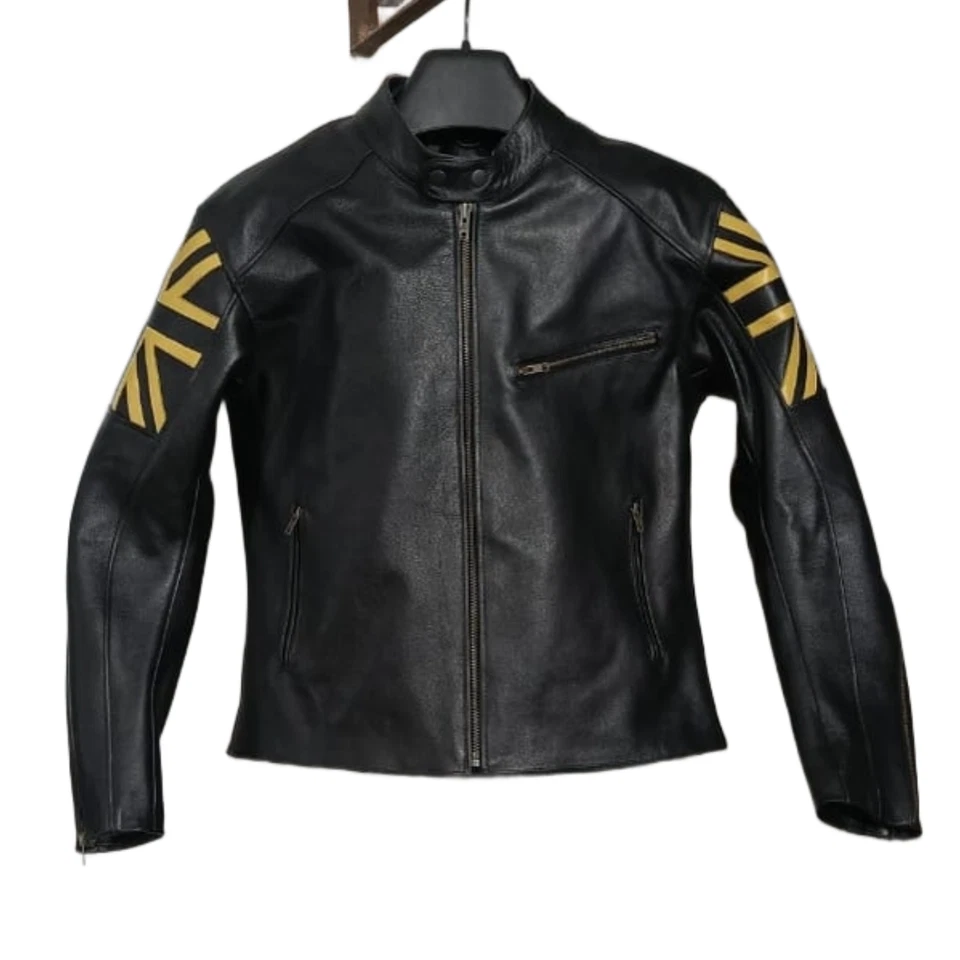 Men's Black Leather Biker Jacket with Yellow Arm Design – Classic Rider Style - Image 4 of 4