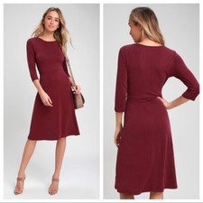 Lulu’s Sweet Like Me Long Sleeve Burgundy Skater Dress S
