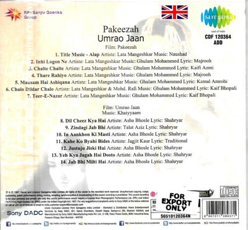 PAKEEZAH / UMRAO JAAN - 2 IN ONE BOLLYWOOD FILM SONGS CD - FREE UK POST - Picture 2 of 2