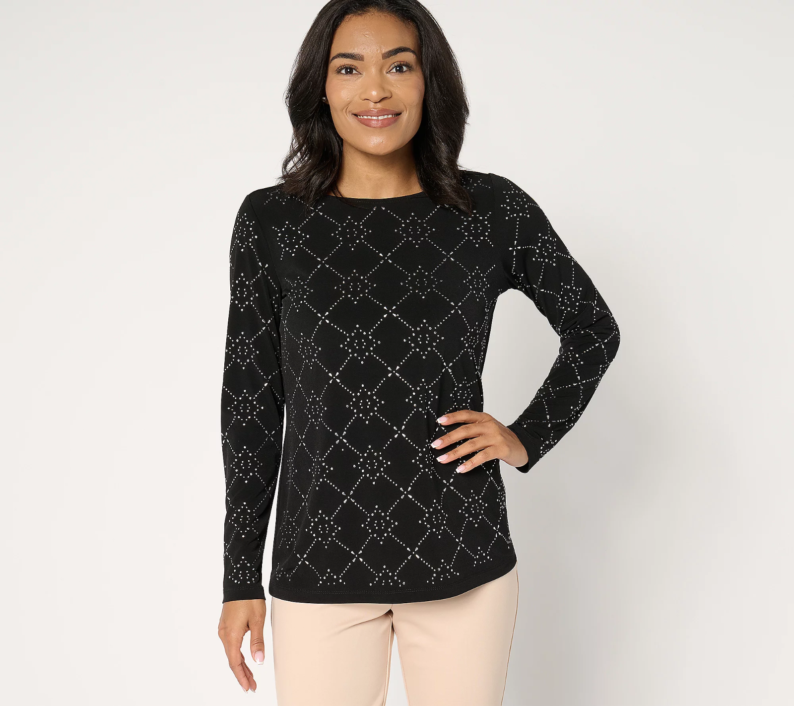 Susan Graver Black Embellished Liquid Knit Long-Sleeve Top