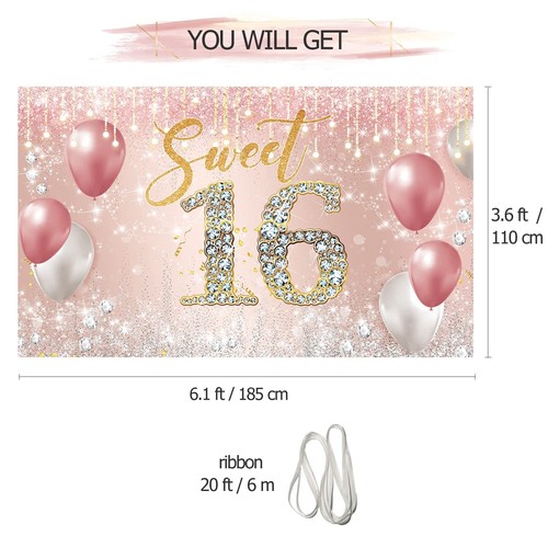 16 Birthday Backdrop Banner Pink Rose Gold Sweet 16 Birthday Decorations Happy 1 - Picture 2 of 6