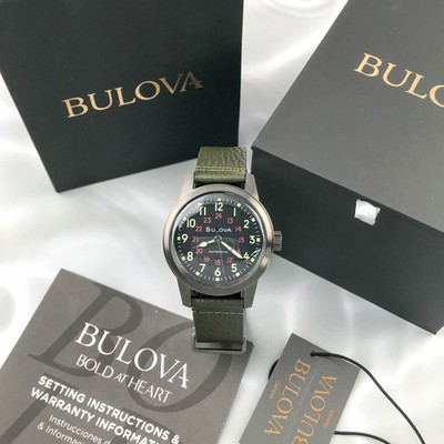 Bulova Hack 98A255 Automatic Black Dial Green Leather Strap Men's Watch 38mm New