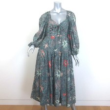 Ulla Johnson Kemala Puff Sleeve Midi Dress Malachite Printed Cotton-Blend Size 4