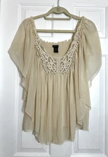Moda International Cream Crochet Sheer Flowing Blouse M