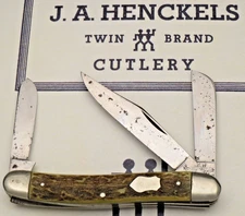 Vintage JA HENCKELS Solingen #1815 Medium Stock Knife - Nice Stag Handles