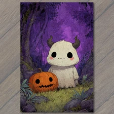 Art Print Adorable Horned Creature With Pumpkin In Enchanted Halloween Forest