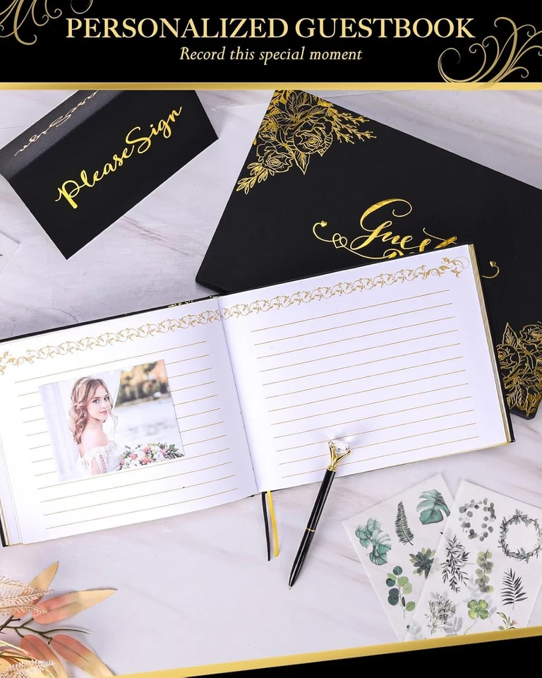 Black Wedding Guest Book with Pens – 9x7" Gold Foil Hardcover Sign-in Album - Image 4 of 4