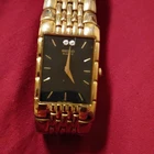 Rare Vintage Seiko Quartz Gold Tone Case Black Dial Diamond Accent  Watch