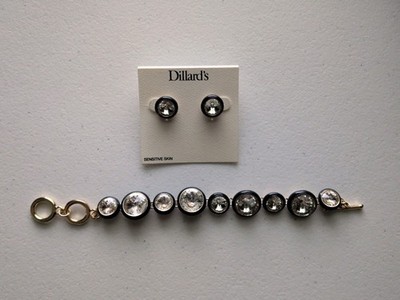 Dillard's Brand Set Bracelet Earrings Studs Black Gold Rhinestones