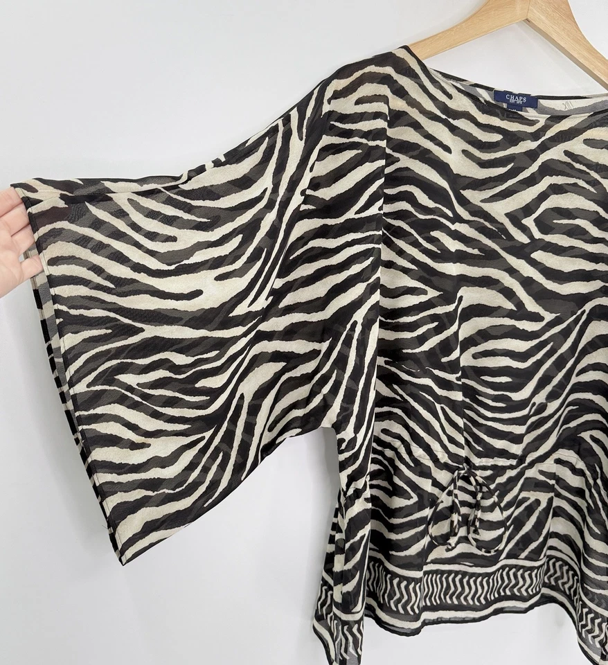 CHAPS Blusa Transparente Estampado Cebra Manga Kimono Estampado Animal Talla M Boho Corbata Cintura Foto 3 de 4