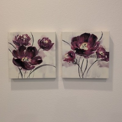 Two My Magenta Flowers Cottagecore Floral Wall Art Paintings 12x12 On Canvas 