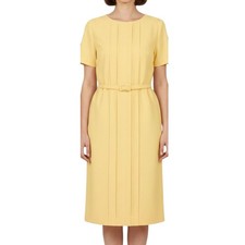 Vtg DIANE ROBERTS Yellow Twill PLEATED Slits Side Pockets Belted Shift Dress 14