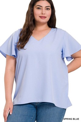 ZENANA Plus Size Casual Top Woven Flutter Sleeve V-Neck Relaxed Fit