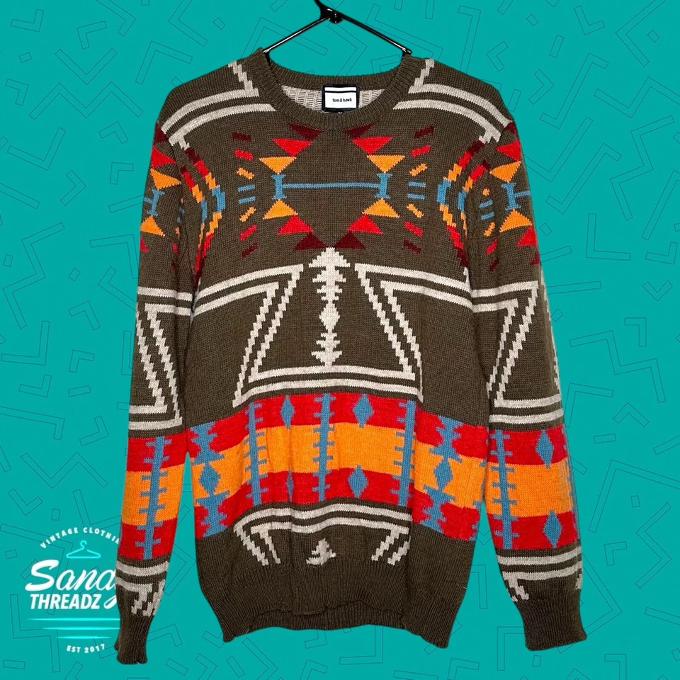 VTG Tom & Hawk Sweater Wool multi Aztec Southwestern Heritage Size Medium Crew - Image 3 of 4