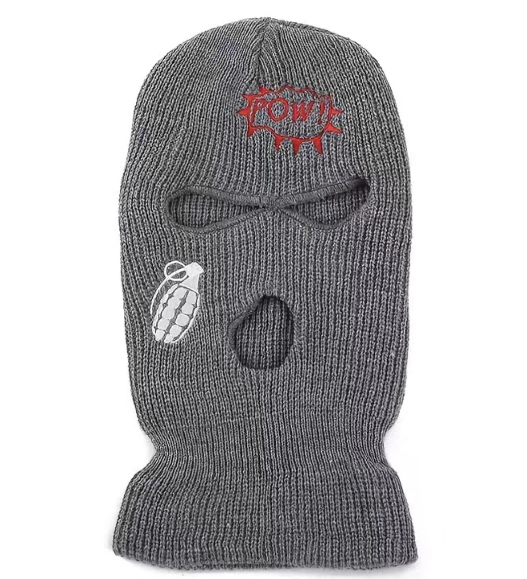 Balaclava GRAY 100% Acrylic Embroidered POW Comic Grenade Ski Mask One Size