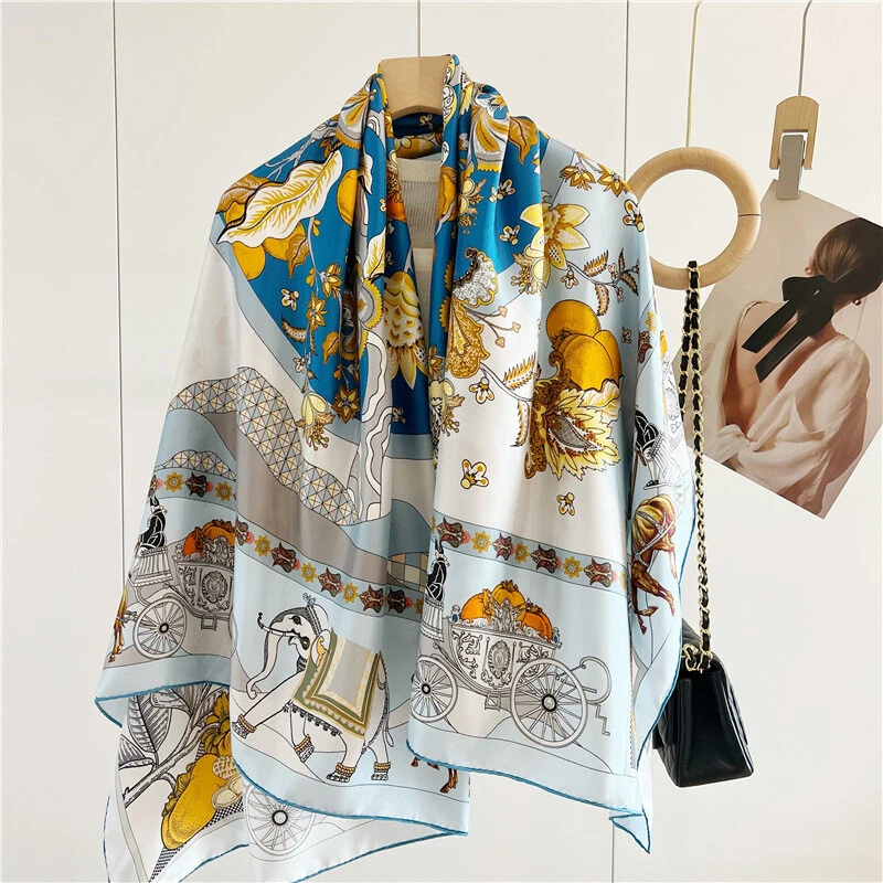 Carriage Flowers Print Pure Twill Silk Wrap Scarf Bandana Large Square Shawl 53"