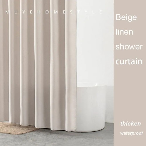 Shower Curtain Elegant Grey Imitation Linen Polyester Curtains Waterproof Hooks - Picture 22 of 30