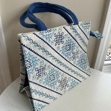 Women's Jute Bag Mini Tote Purse Blue & Beige Cute Canvas Purse Handbag Tote