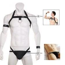 Sexy Mens Chest Harness Shoulder Strap+Armband+Wrist Band+Jockstrap Underwear