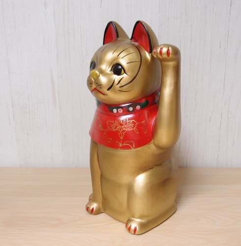 Maneki Neko Japanese Lucky Beckoning Cat Left Hand Japan Seto Ware Gold 26cm - Picture 4 of 11