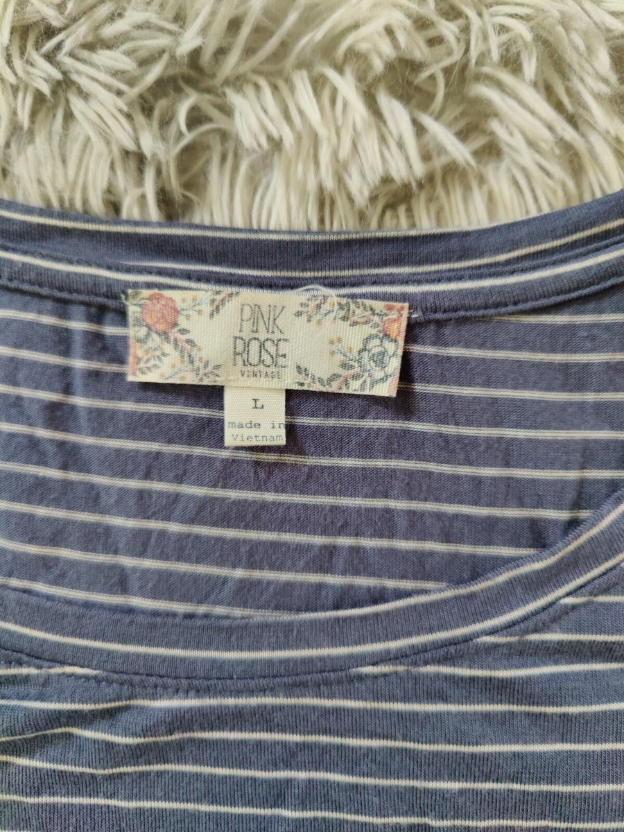 Pink Rose Vintage Womens T-Shirt Short Sleeve L Blue/White Stripe Rayon  knot