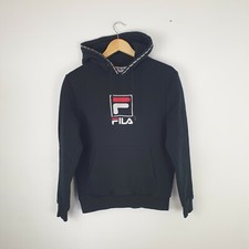 Men's FILA Black Hoodie Jumper Pullover Centre Big Logo Size XS