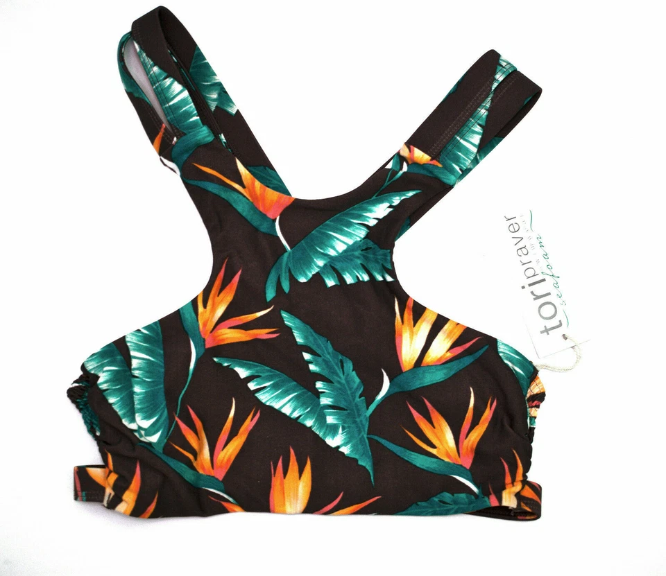 Nuevo con etiquetas Tori Praver Seafoam Bikini Traje de Baño Top | Patrón Tropical | Gris Plano | S/P Foto 3 de 4